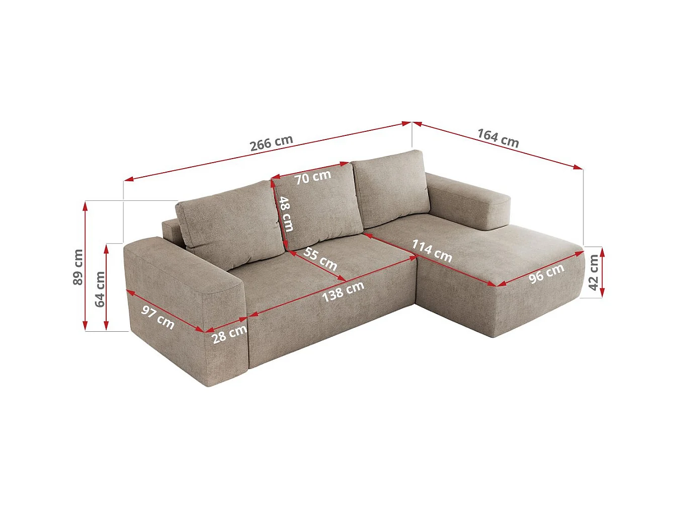 Ecksofa TRENTINO - mit Schlaffunktion und Bettkasten, L-form Couch, lose Kissen und Armlehnen - Beige Stukture - Ecke Rechts