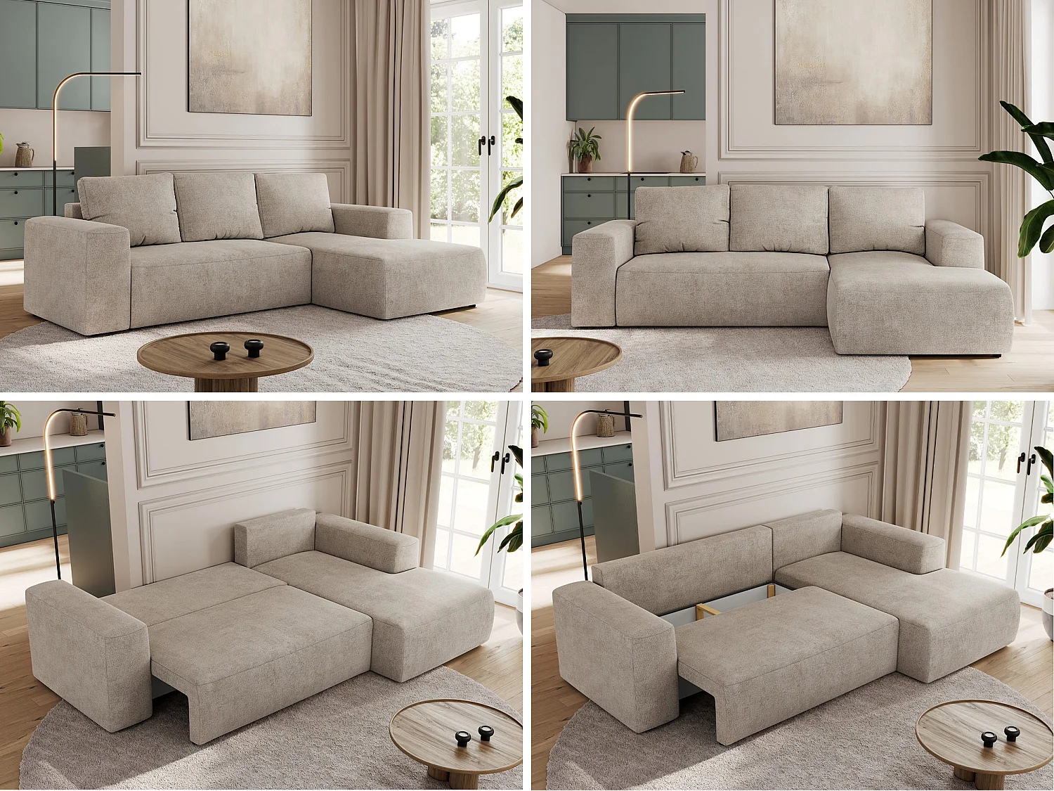 Ecksofa TRENTINO - mit Schlaffunktion und Bettkasten, L-form Couch, lose Kissen und Armlehnen - Beige Stukture - Ecke Rechts