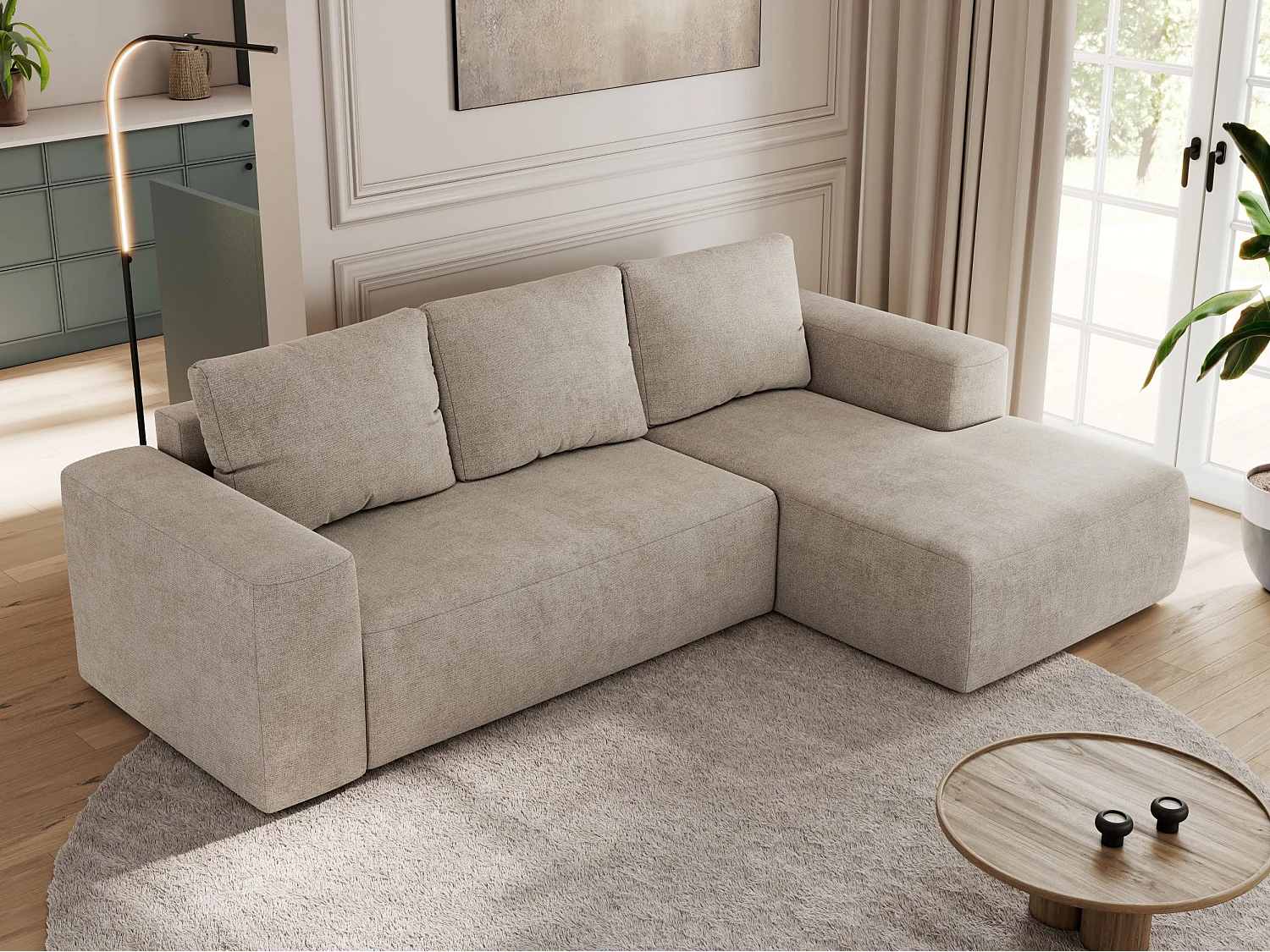 Ecksofa TRENTINO - mit Schlaffunktion und Bettkasten, L-form Couch, lose Kissen und Armlehnen - Beige Stukture - Ecke Rechts