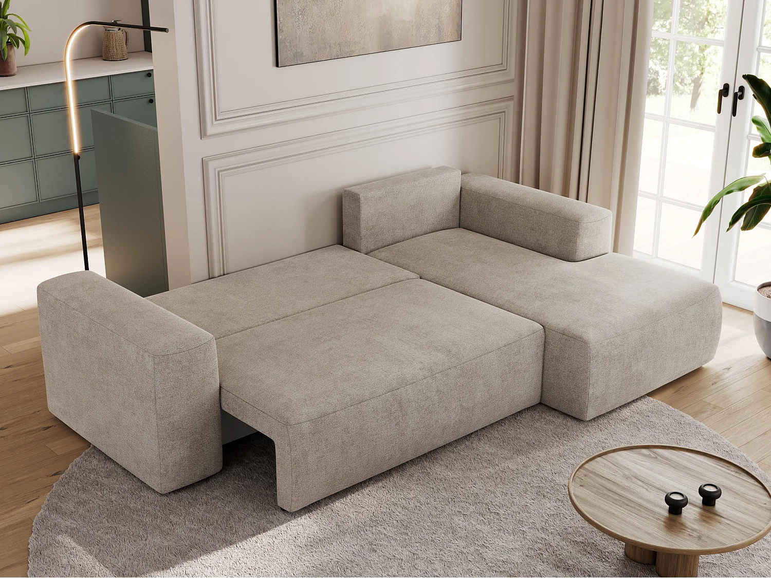 Ecksofa TRENTINO - mit Schlaffunktion und Bettkasten, L-form Couch, lose Kissen und Armlehnen - Beige Stukture - Ecke Rechts