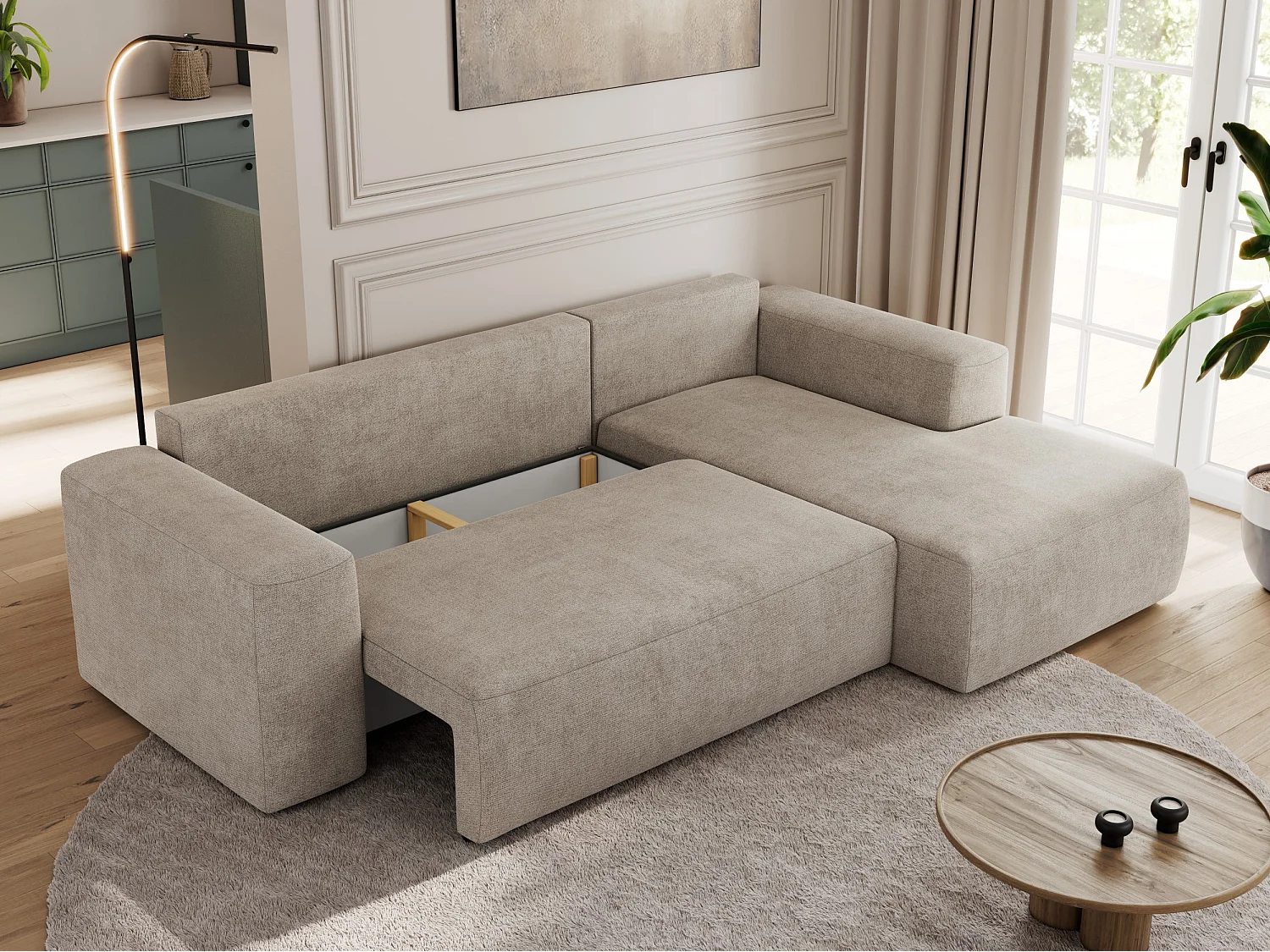 Ecksofa TRENTINO - mit Schlaffunktion und Bettkasten, L-form Couch, lose Kissen und Armlehnen - Beige Stukture - Ecke Rechts