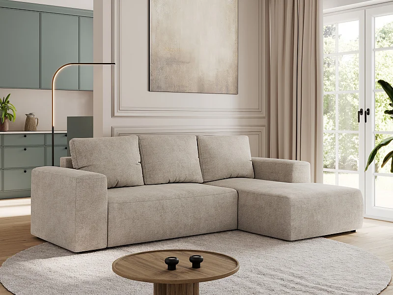 Ecksofa TRENTINO - mit Schlaffunktion und Bettkasten, L-form Couch, lose Kissen und Armlehnen - Beige Stukture - Ecke Rechts