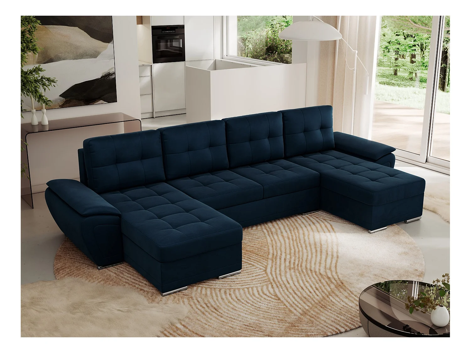 Ecksofa UMBRIA U - XXL Wohnlandschaft, mit Schlaffunktion und Bettkasten, genähte Ecke - Dunkelblau Velvet