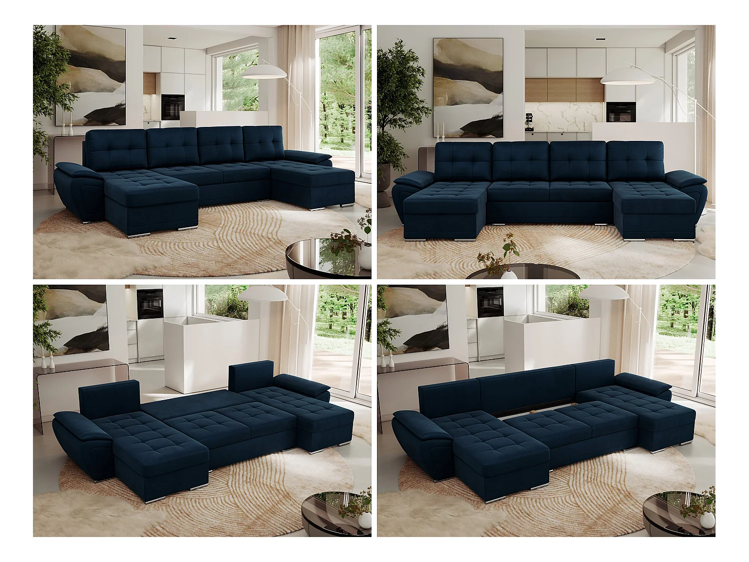 Ecksofa UMBRIA U - XXL Wohnlandschaft, mit Schlaffunktion und Bettkasten, genähte Ecke - Dunkelblau Velvet
