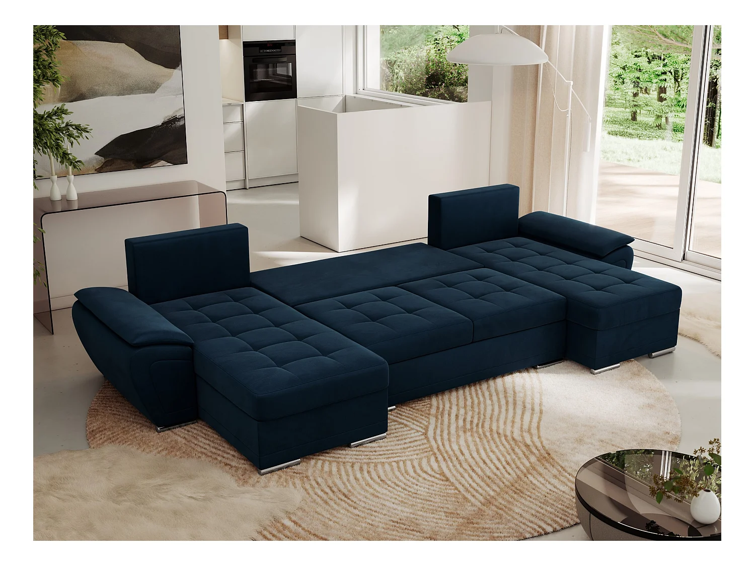 Ecksofa UMBRIA U - XXL Wohnlandschaft, mit Schlaffunktion und Bettkasten, genähte Ecke - Dunkelblau Velvet