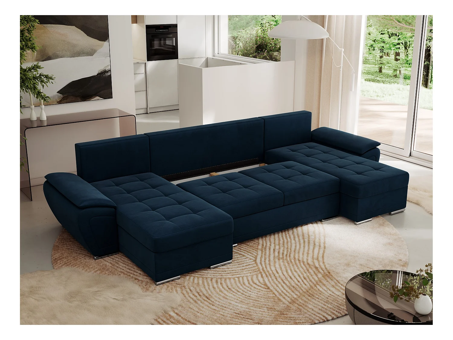 Ecksofa UMBRIA U - XXL Wohnlandschaft, mit Schlaffunktion und Bettkasten, genähte Ecke - Dunkelblau Velvet