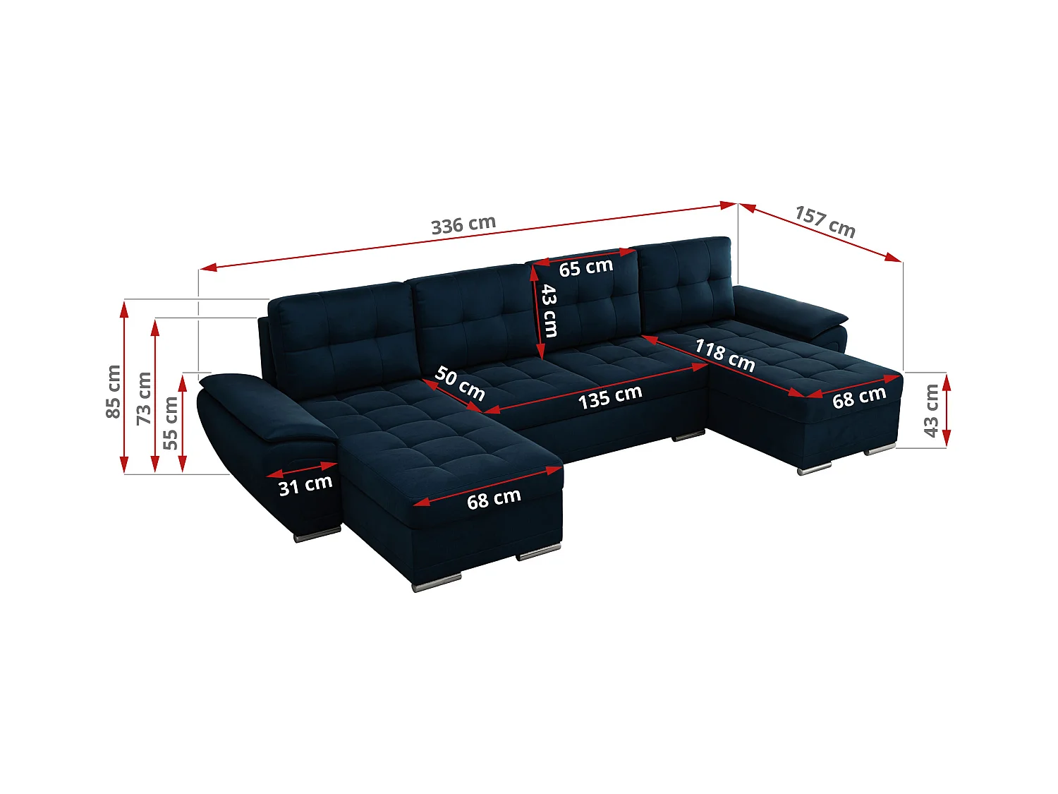 Ecksofa UMBRIA U - XXL Wohnlandschaft, mit Schlaffunktion und Bettkasten, genähte Ecke - Dunkelblau Velvet