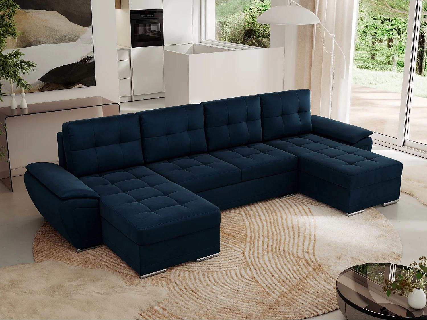 Ecksofa UMBRIA U - XXL Wohnlandschaft, mit Schlaffunktion und Bettkasten, genähte Ecke - Dunkelblau Velvet