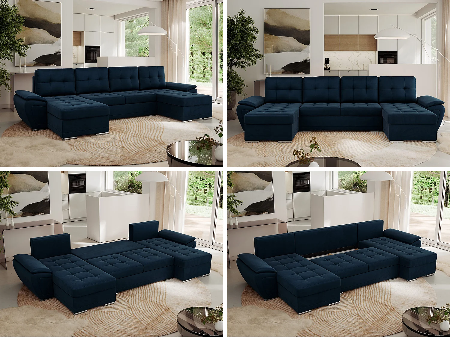 Ecksofa UMBRIA U - XXL Wohnlandschaft, mit Schlaffunktion und Bettkasten, genähte Ecke - Dunkelblau Velvet