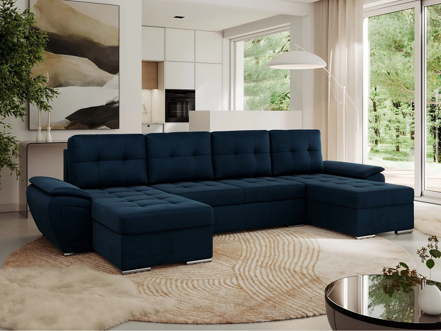 Ecksofa UMBRIA U - XXL Wohnlandschaft, mit Schlaffunktion und Bettkasten, genähte Ecke - Dunkelblau Velvet