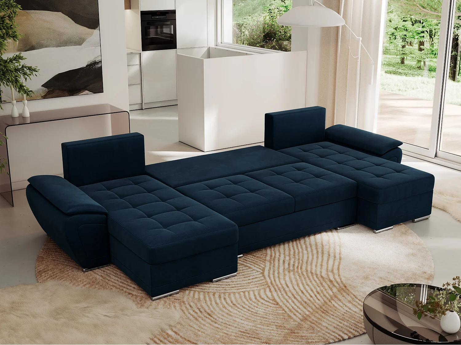 Ecksofa UMBRIA U - XXL Wohnlandschaft, mit Schlaffunktion und Bettkasten, genähte Ecke - Dunkelblau Velvet