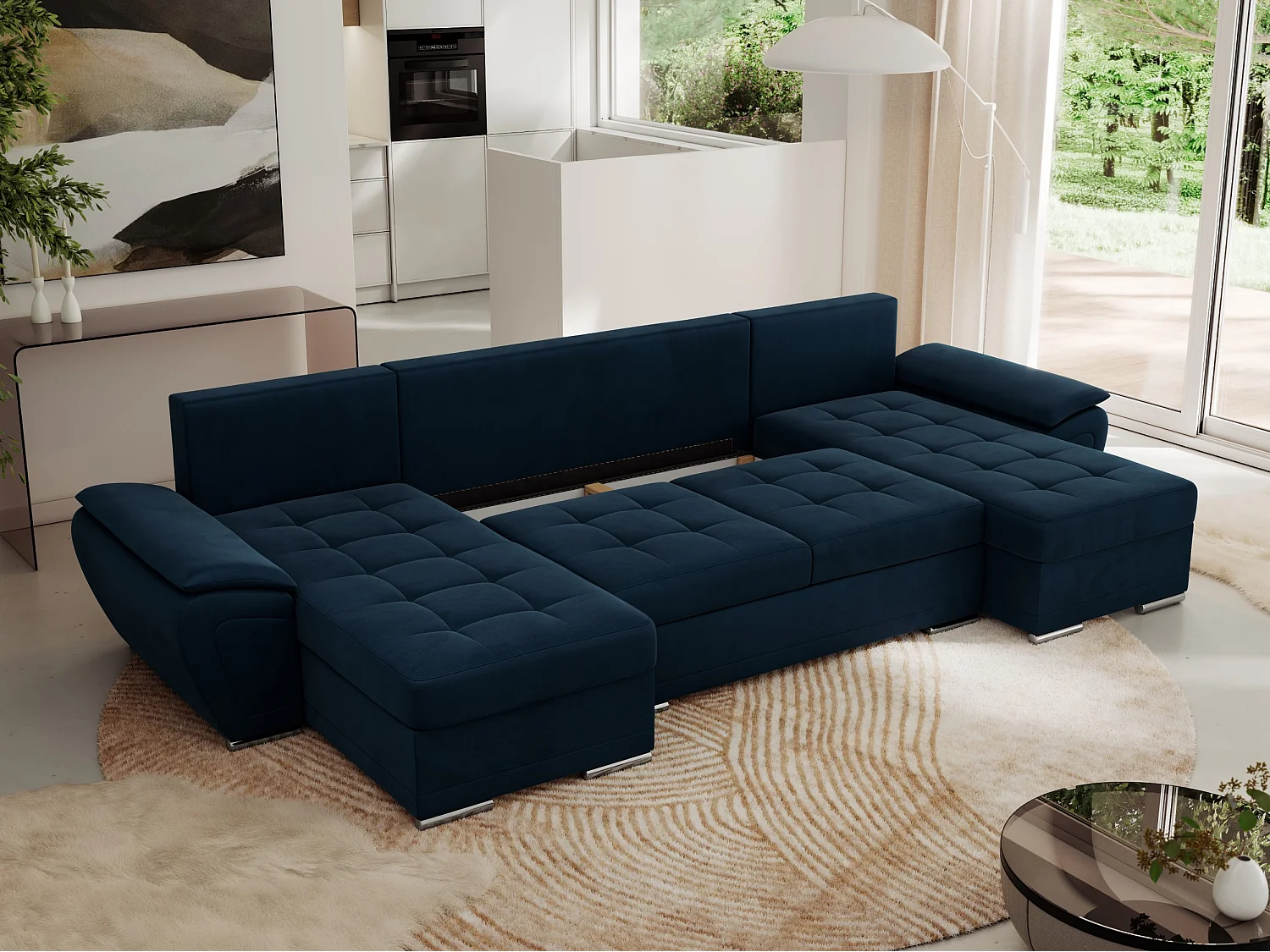 Ecksofa UMBRIA U - XXL Wohnlandschaft, mit Schlaffunktion und Bettkasten, genähte Ecke - Dunkelblau Velvet