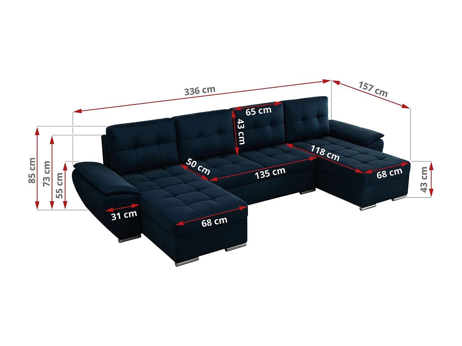 Ecksofa UMBRIA U - XXL Wohnlandschaft, mit Schlaffunktion und Bettkasten, genähte Ecke - Dunkelblau Velvet