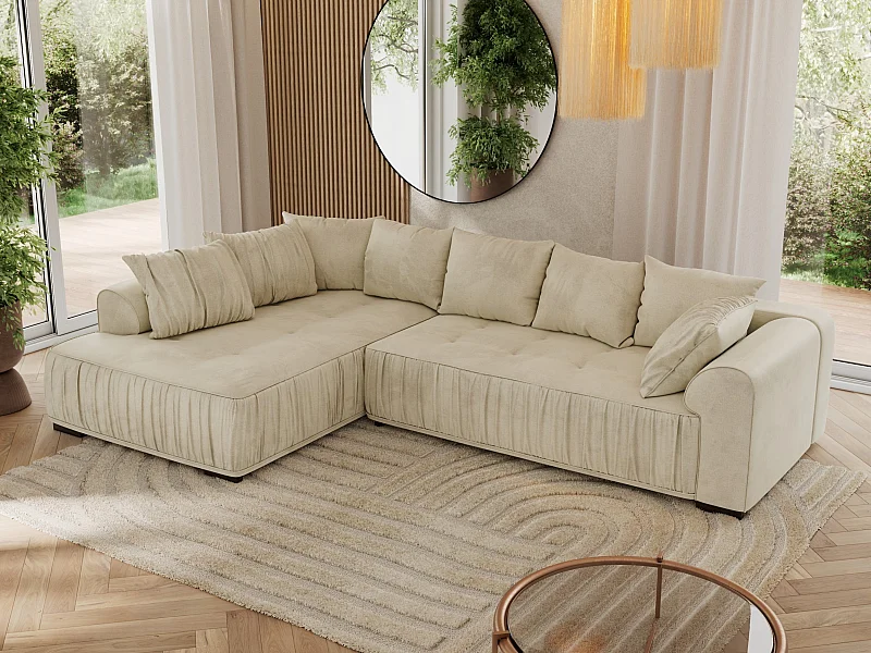 Ecksofa ORTA - Schlaffunktion und Bettkasten, lose Kissen, gesteppter Sitz, L-förmige Ecke - Beige Boucle - Ecke Links