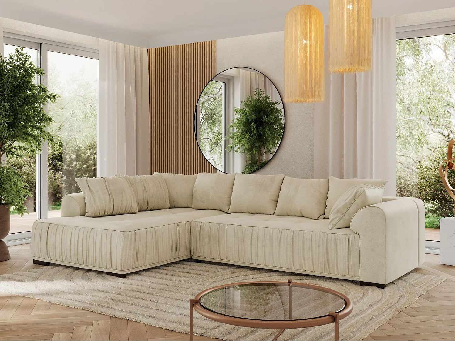 Ecksofa ORTA - Schlaffunktion und Bettkasten, lose Kissen, gesteppter Sitz, L-förmige Ecke - Beige Boucle - Ecke Links