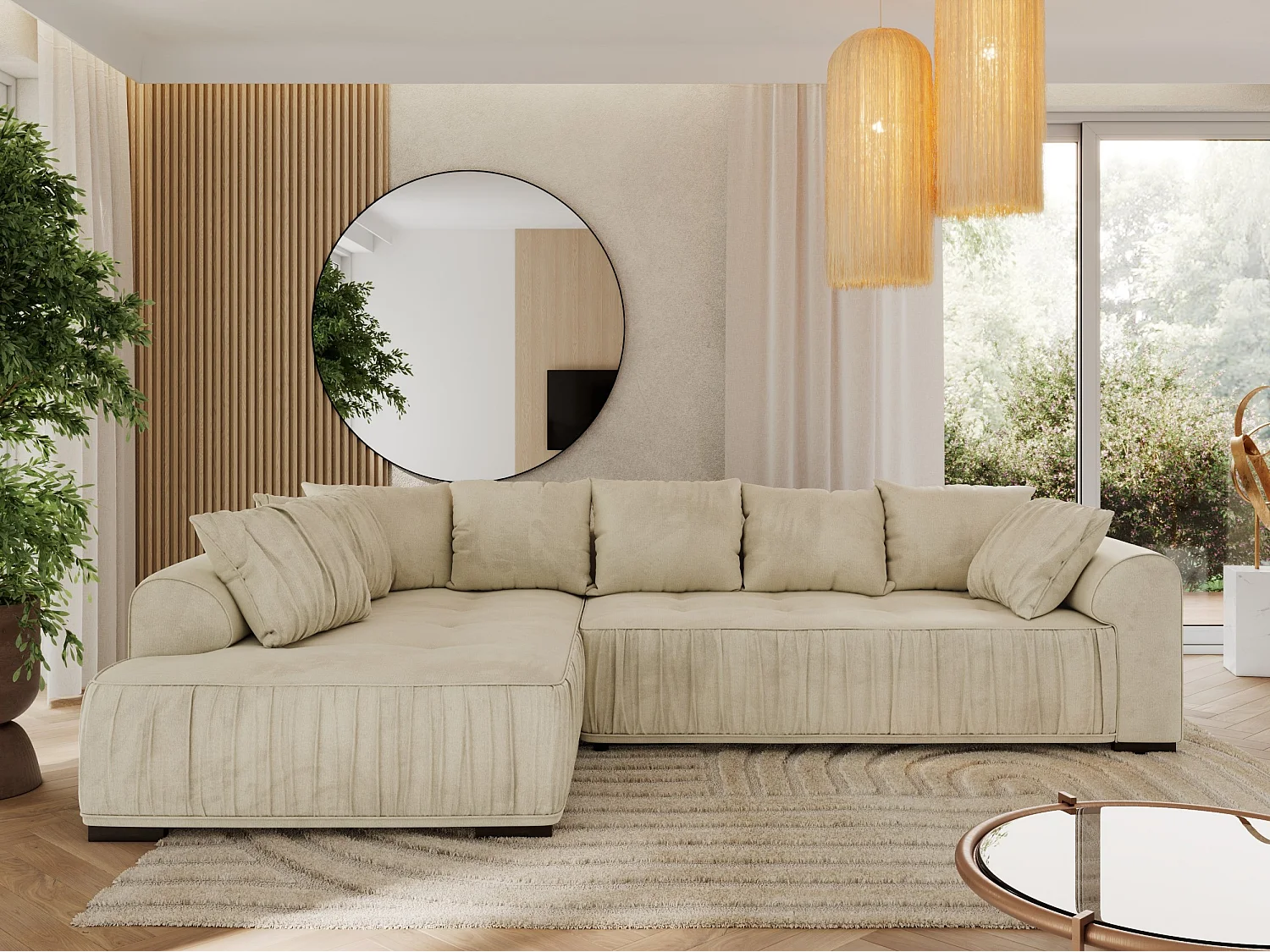 Ecksofa ORTA - Schlaffunktion und Bettkasten, lose Kissen, gesteppter Sitz, L-förmige Ecke - Beige Boucle - Ecke Links