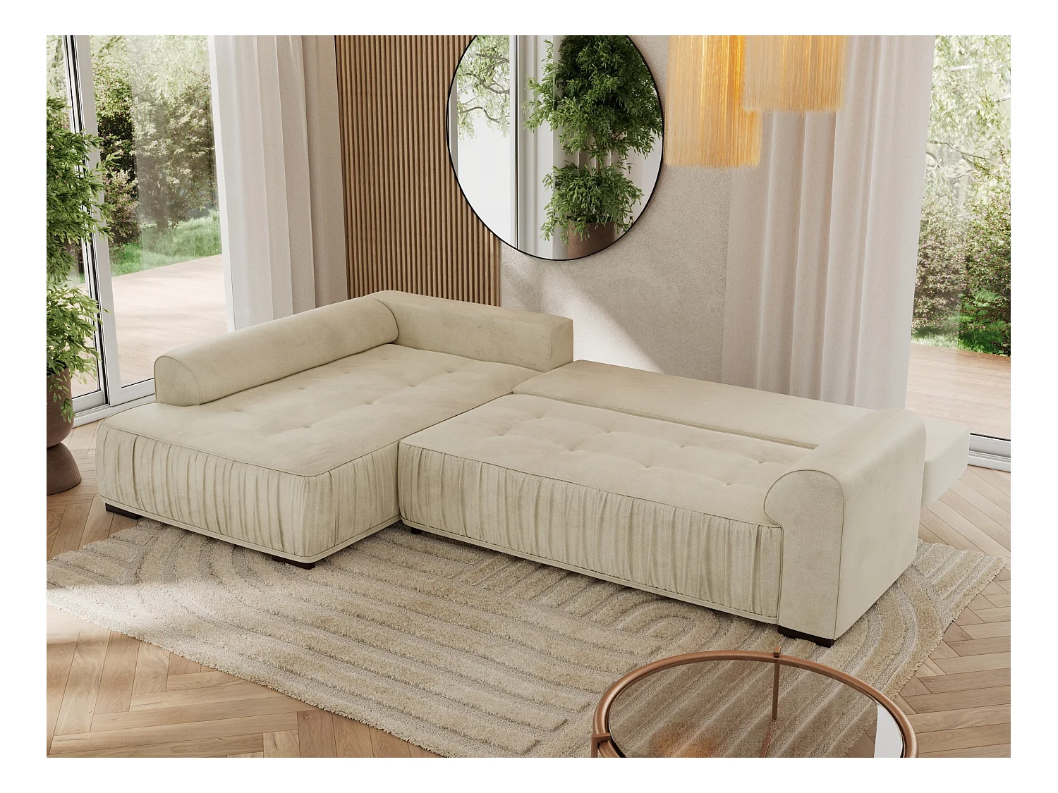 Ecksofa ORTA - Schlaffunktion und Bettkasten, lose Kissen, gesteppter Sitz, L-förmige Ecke - Beige Boucle - Ecke Links