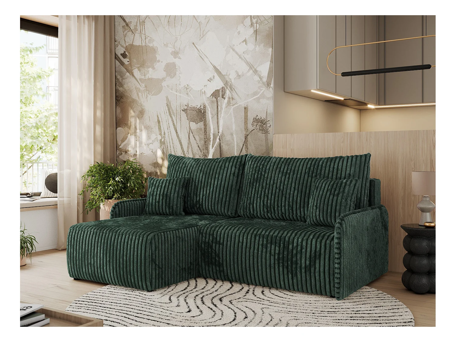 Ecksofa ARPA - L-form Schlaffsofa, Bettkasten und lose Kissen, Armlehnen - Grün Cord - Ecke Links