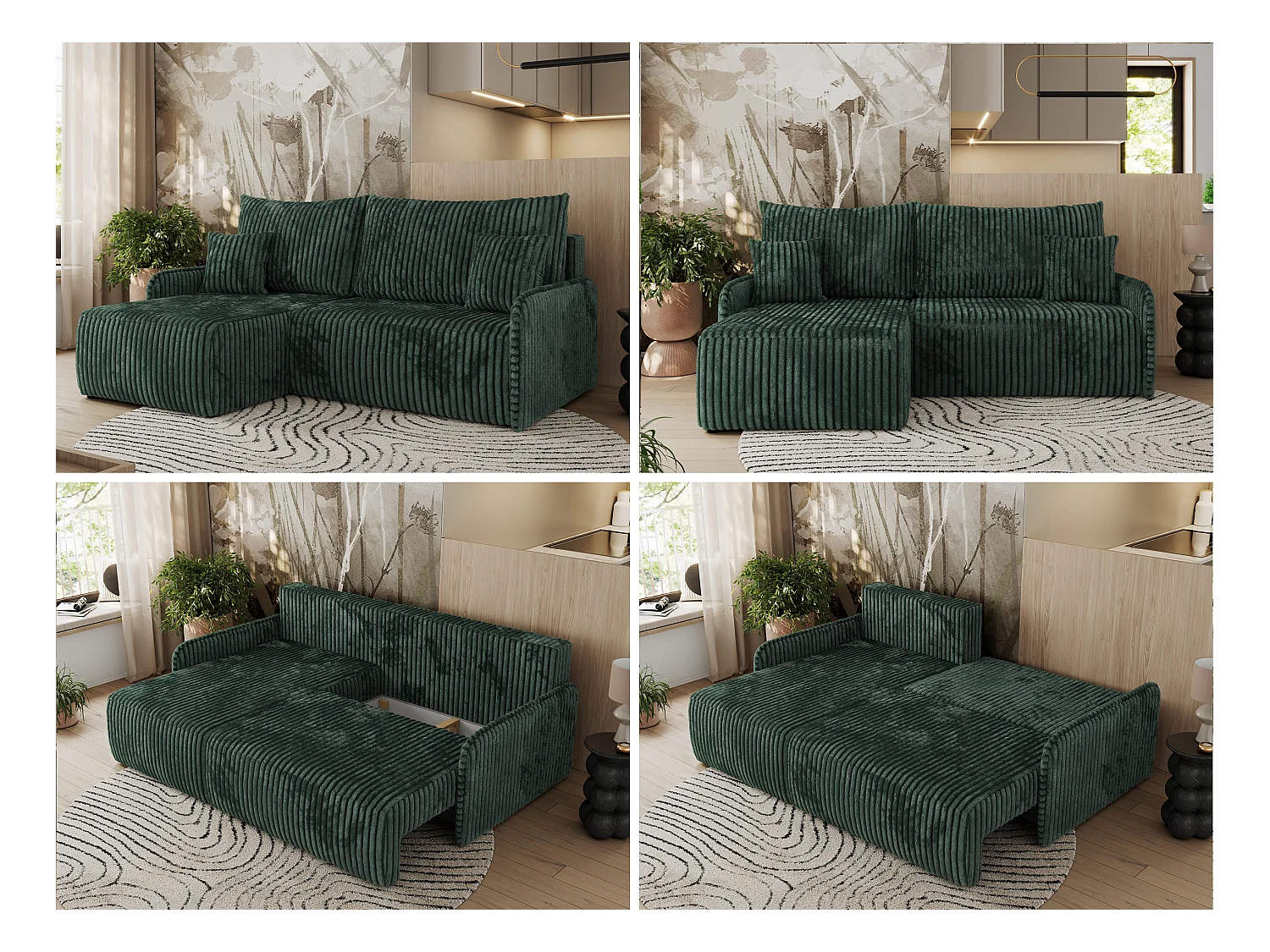 Ecksofa ARPA - L-form Schlaffsofa, Bettkasten und lose Kissen, Armlehnen - Grün Cord - Ecke Links