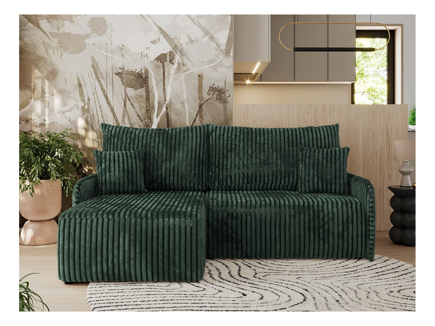 Ecksofa ARPA - L-form Schlaffsofa, Bettkasten und lose Kissen, Armlehnen - Grün Cord - Ecke Links