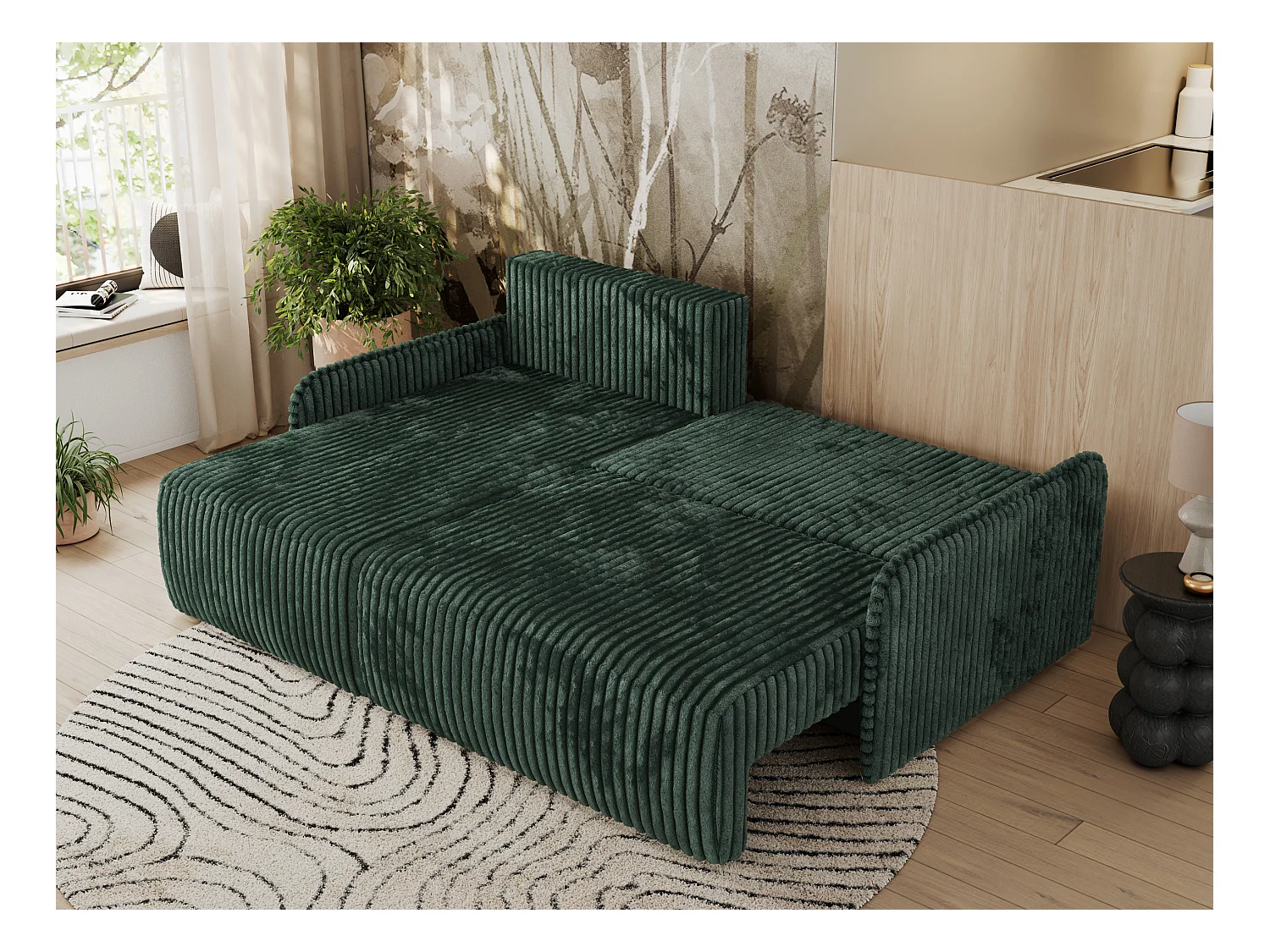 Ecksofa ARPA - L-form Schlaffsofa, Bettkasten und lose Kissen, Armlehnen - Grün Cord - Ecke Links