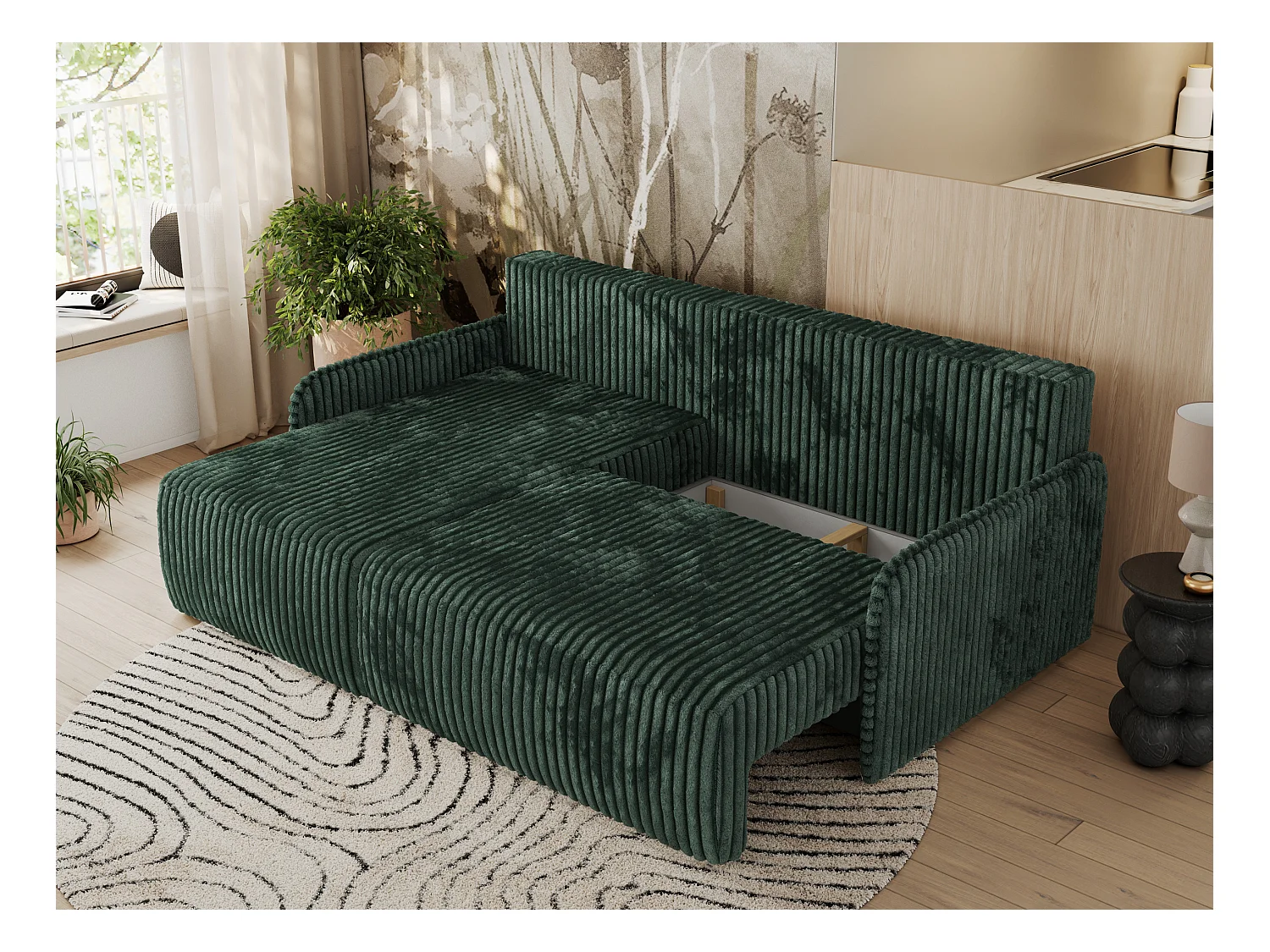 Ecksofa ARPA - L-form Schlaffsofa, Bettkasten und lose Kissen, Armlehnen - Grün Cord - Ecke Links