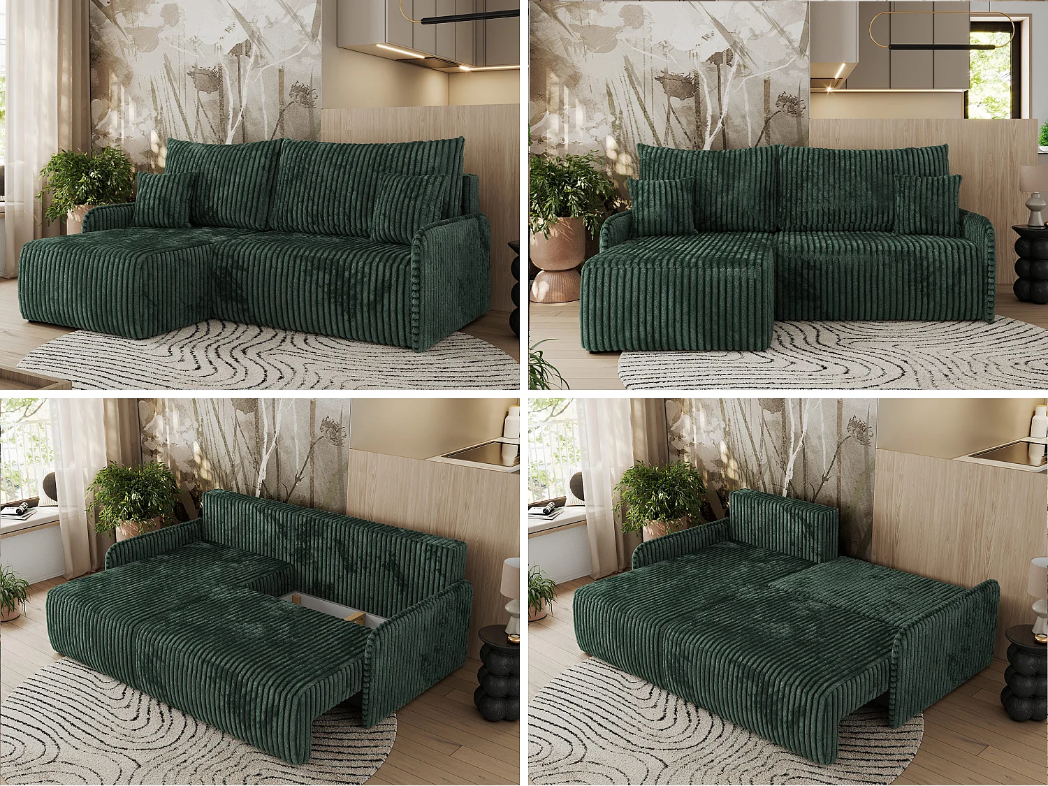 Ecksofa ARPA - L-form Schlaffsofa, Bettkasten und lose Kissen, Armlehnen - Grün Cord - Ecke Links