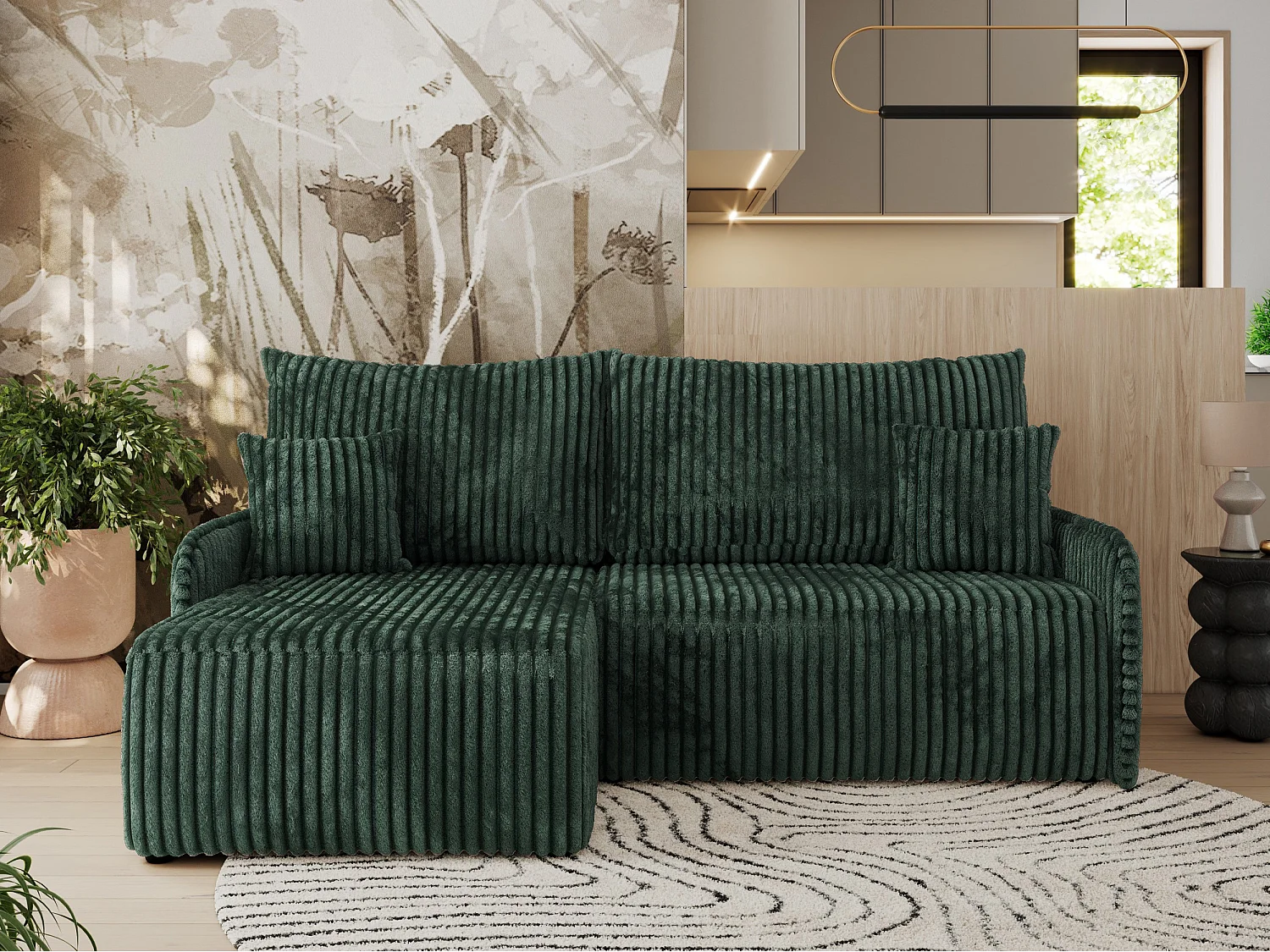 Ecksofa ARPA - L-form Schlaffsofa, Bettkasten und lose Kissen, Armlehnen - Grün Cord - Ecke Links