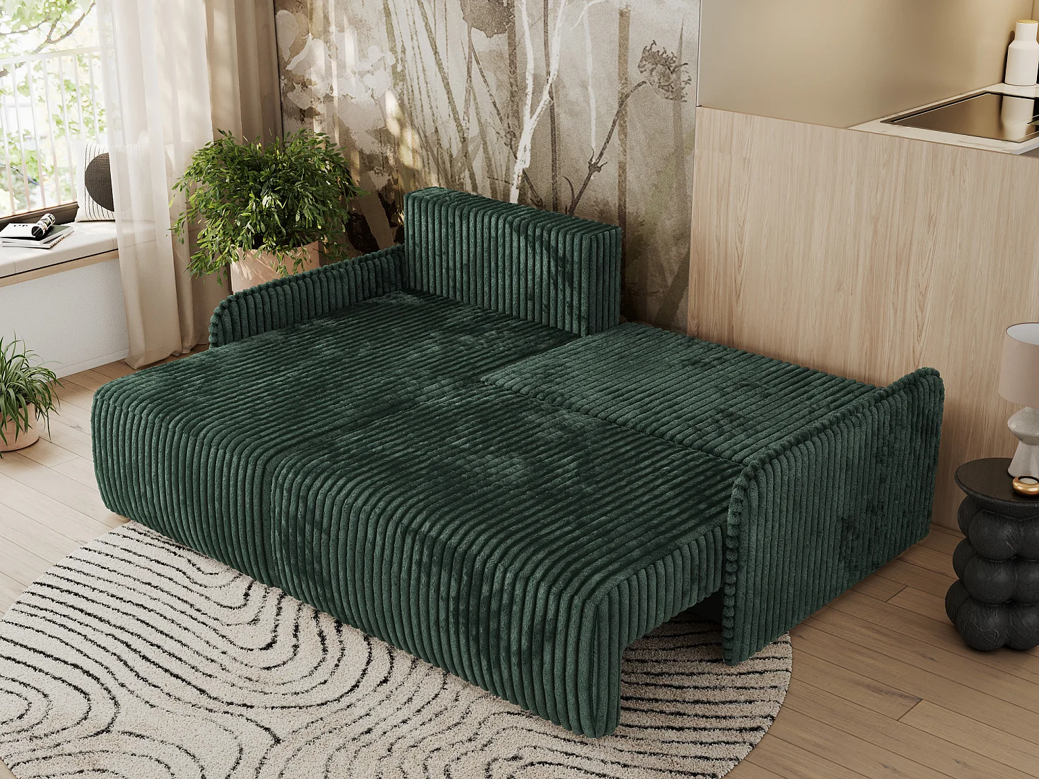 Ecksofa ARPA - L-form Schlaffsofa, Bettkasten und lose Kissen, Armlehnen - Grün Cord - Ecke Links