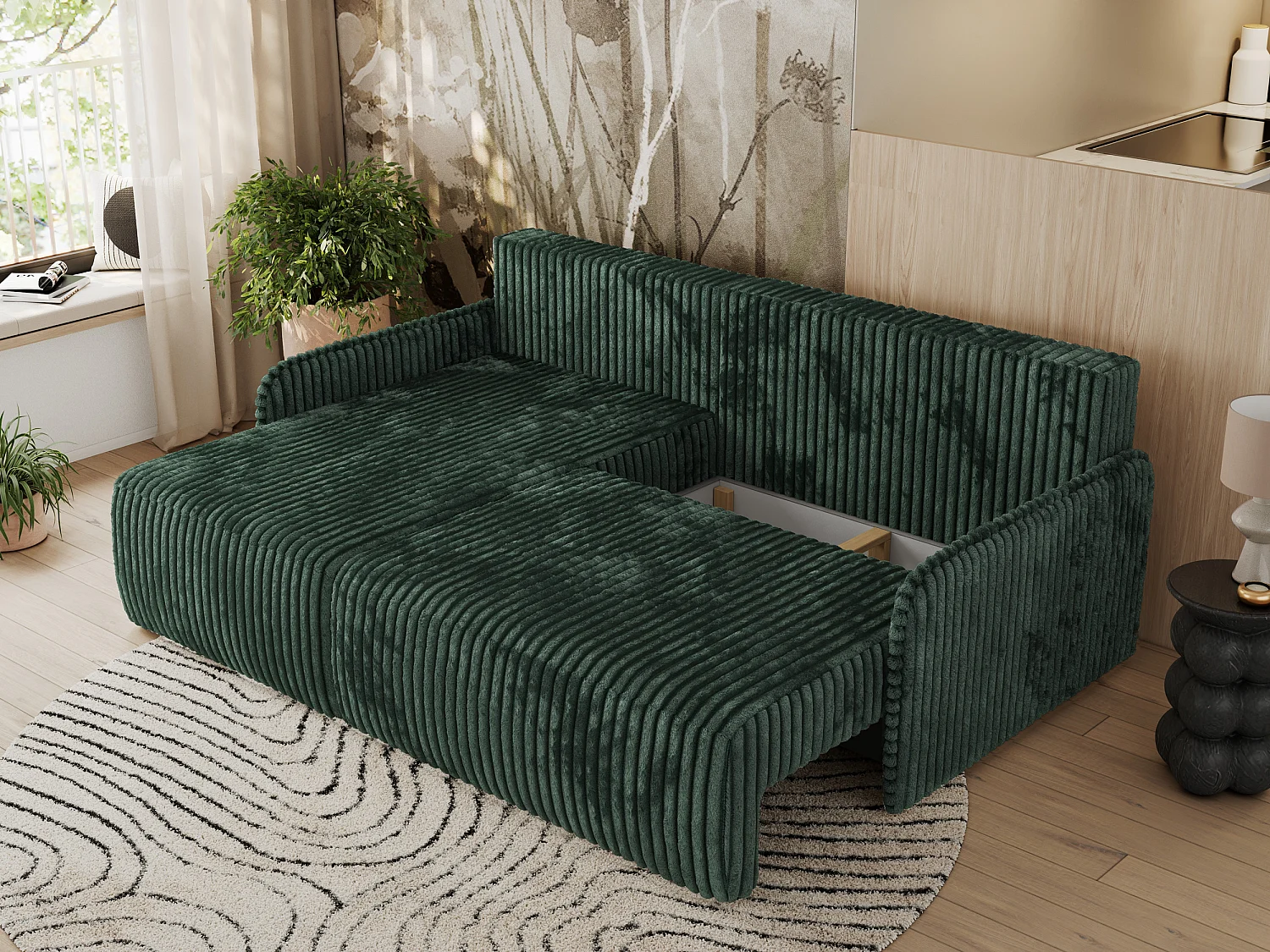 Ecksofa ARPA - L-form Schlaffsofa, Bettkasten und lose Kissen, Armlehnen - Grün Cord - Ecke Links