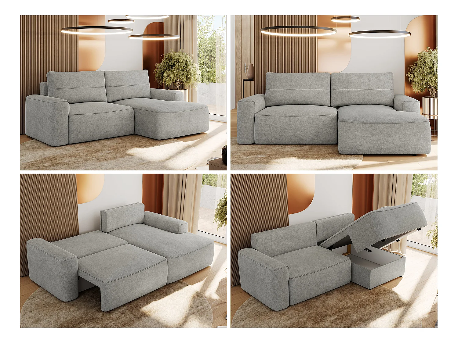 Ecksofa BELLUNO - Schlafsofa mit Bettkasten, Armlehnen, Couch L-form mit Schlaffunktion - Hellgrau Strukture - Ecke Rechts