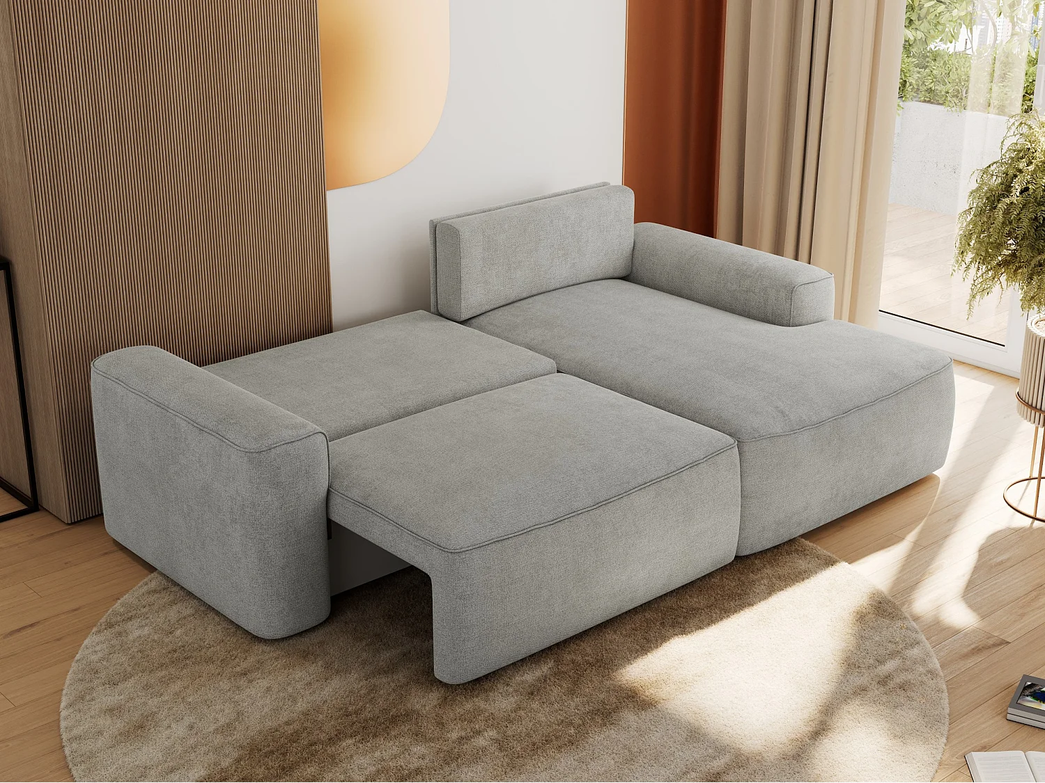 Ecksofa BELLUNO - Schlafsofa mit Bettkasten, Armlehnen, Couch L-form mit Schlaffunktion - Hellgrau Strukture - Ecke Rechts