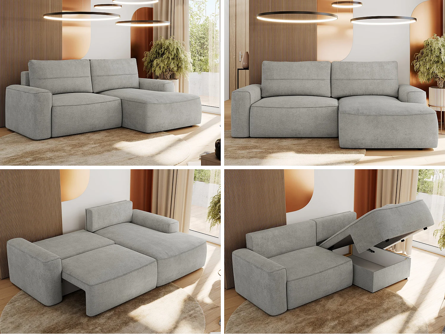 Ecksofa BELLUNO - Schlafsofa mit Bettkasten, Armlehnen, Couch L-form mit Schlaffunktion - Hellgrau Strukture - Ecke Rechts