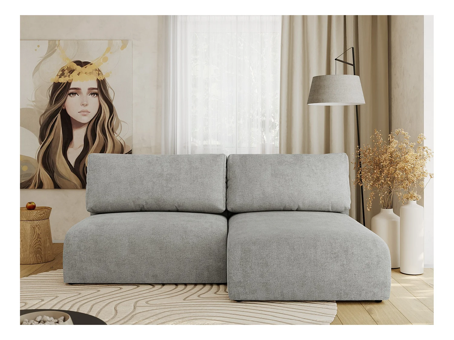 Ecksofa VIVO - L-form Couch mit Schlaffunktion und Bettkasten, Wellenfeder - Hellgrau Struktur - Ecke Rechts