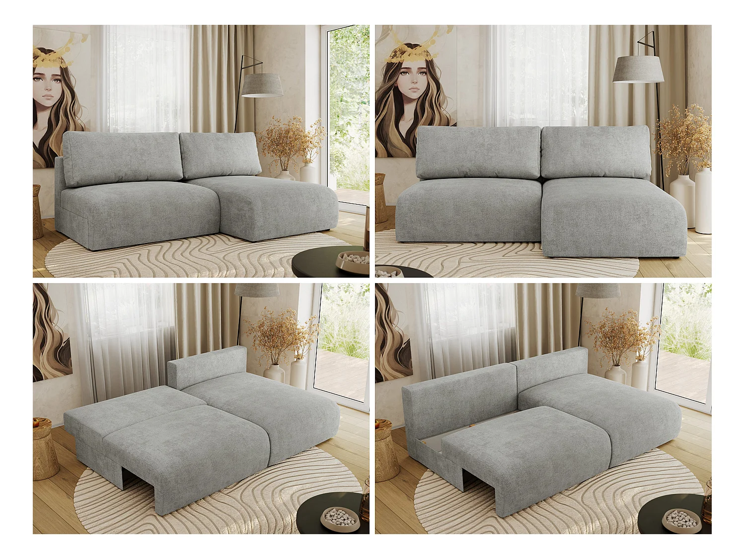 Ecksofa VIVO - L-form Couch mit Schlaffunktion und Bettkasten, Wellenfeder - Hellgrau Struktur - Ecke Rechts
