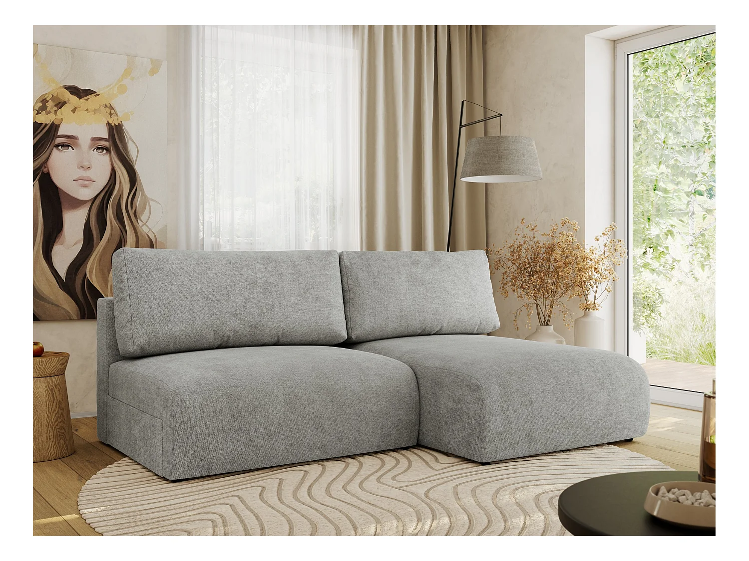 Ecksofa VIVO - L-form Couch mit Schlaffunktion und Bettkasten, Wellenfeder - Hellgrau Struktur - Ecke Rechts