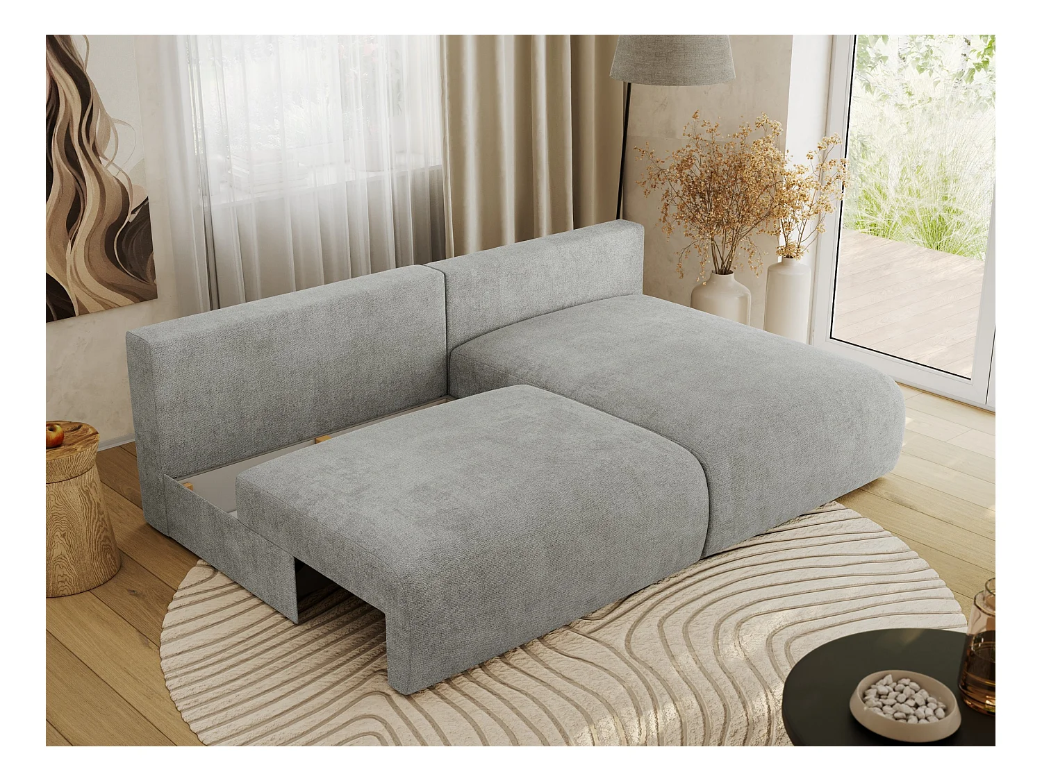 Ecksofa VIVO - L-form Couch mit Schlaffunktion und Bettkasten, Wellenfeder - Hellgrau Struktur - Ecke Rechts