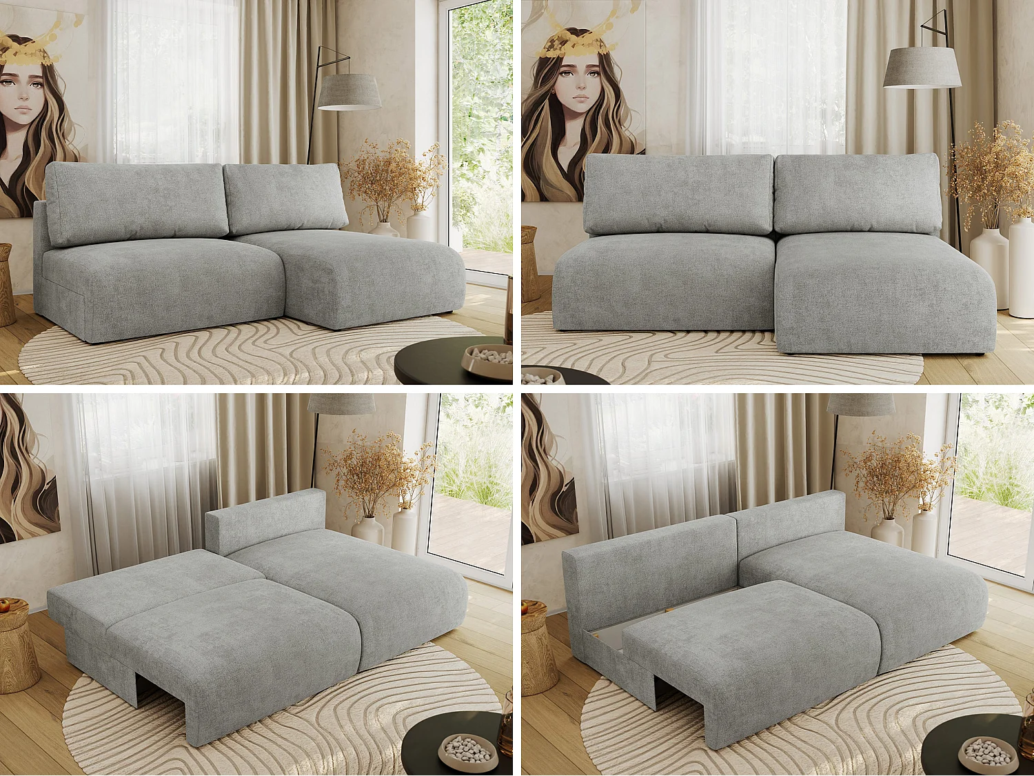 Ecksofa VIVO - L-form Couch mit Schlaffunktion und Bettkasten, Wellenfeder - Hellgrau Struktur - Ecke Rechts