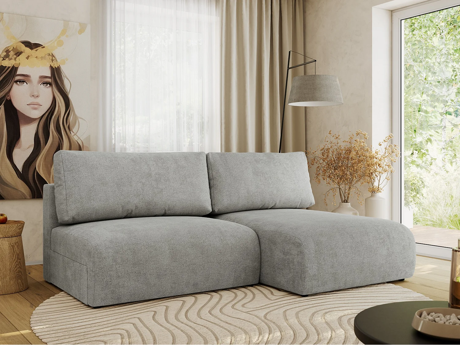 Ecksofa VIVO - L-form Couch mit Schlaffunktion und Bettkasten, Wellenfeder - Hellgrau Struktur - Ecke Rechts