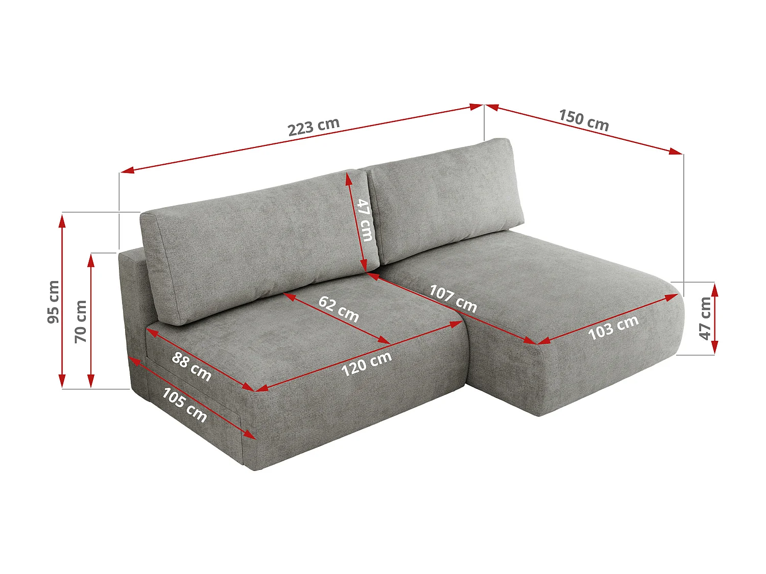 Ecksofa VIVO - L-form Couch mit Schlaffunktion und Bettkasten, Wellenfeder - Hellgrau Struktur - Ecke Rechts