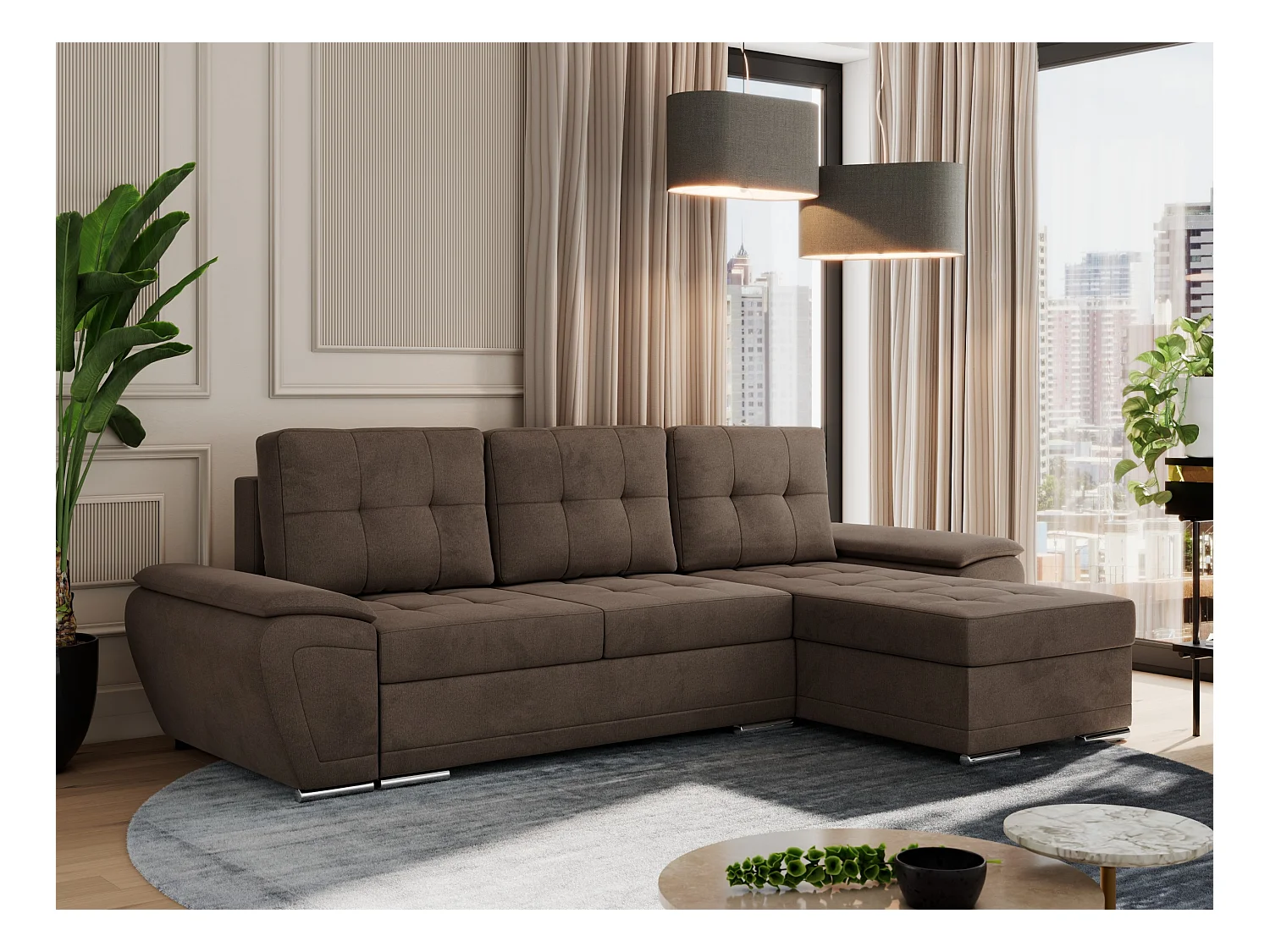 Ecksofa UMBRIA - universell L-form Couch, Schlaffunktion und Bettkasten, gesteppte Ecke - Braun Velvet