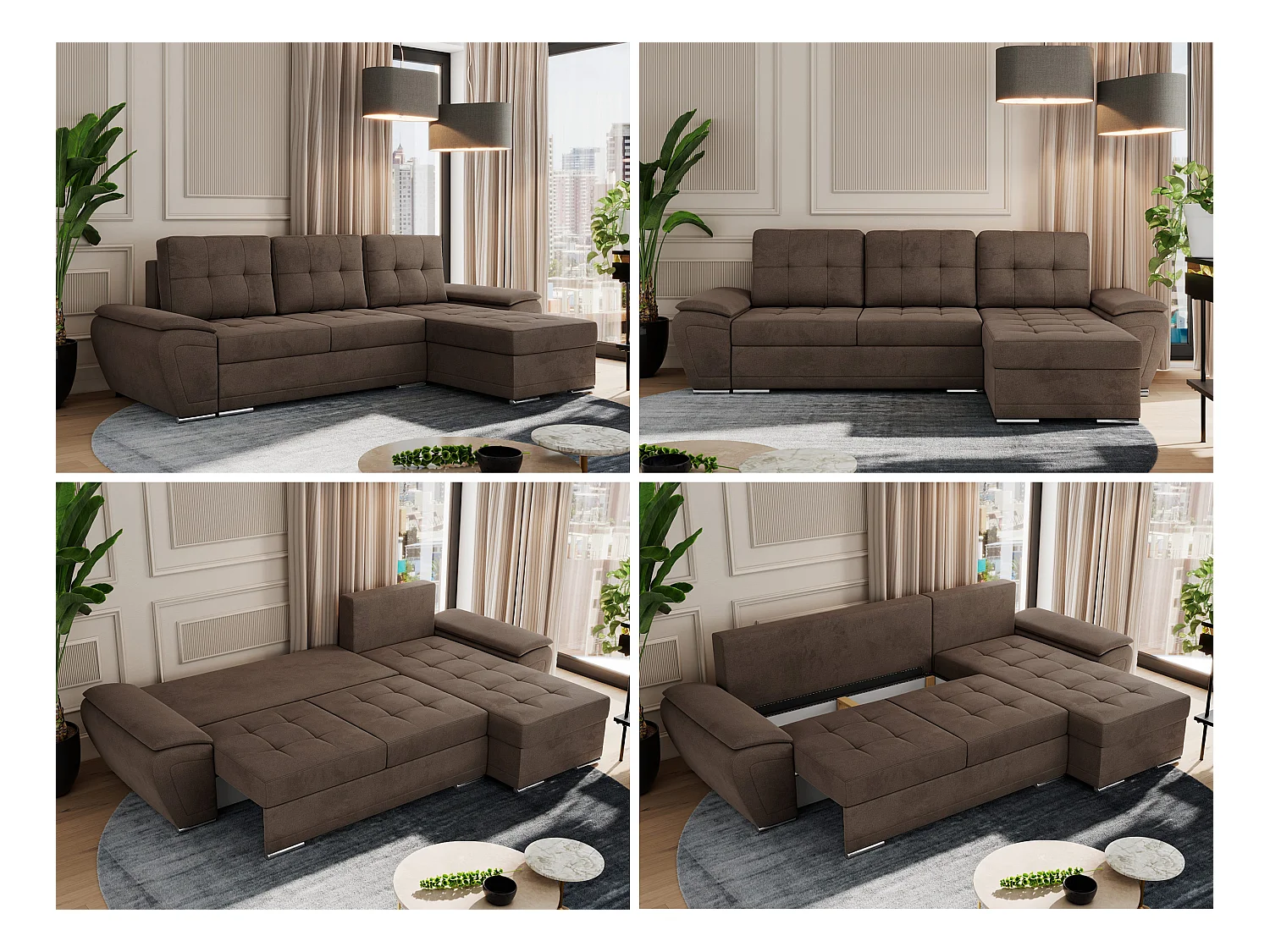 Ecksofa UMBRIA - universell L-form Couch, Schlaffunktion und Bettkasten, gesteppte Ecke - Braun Velvet