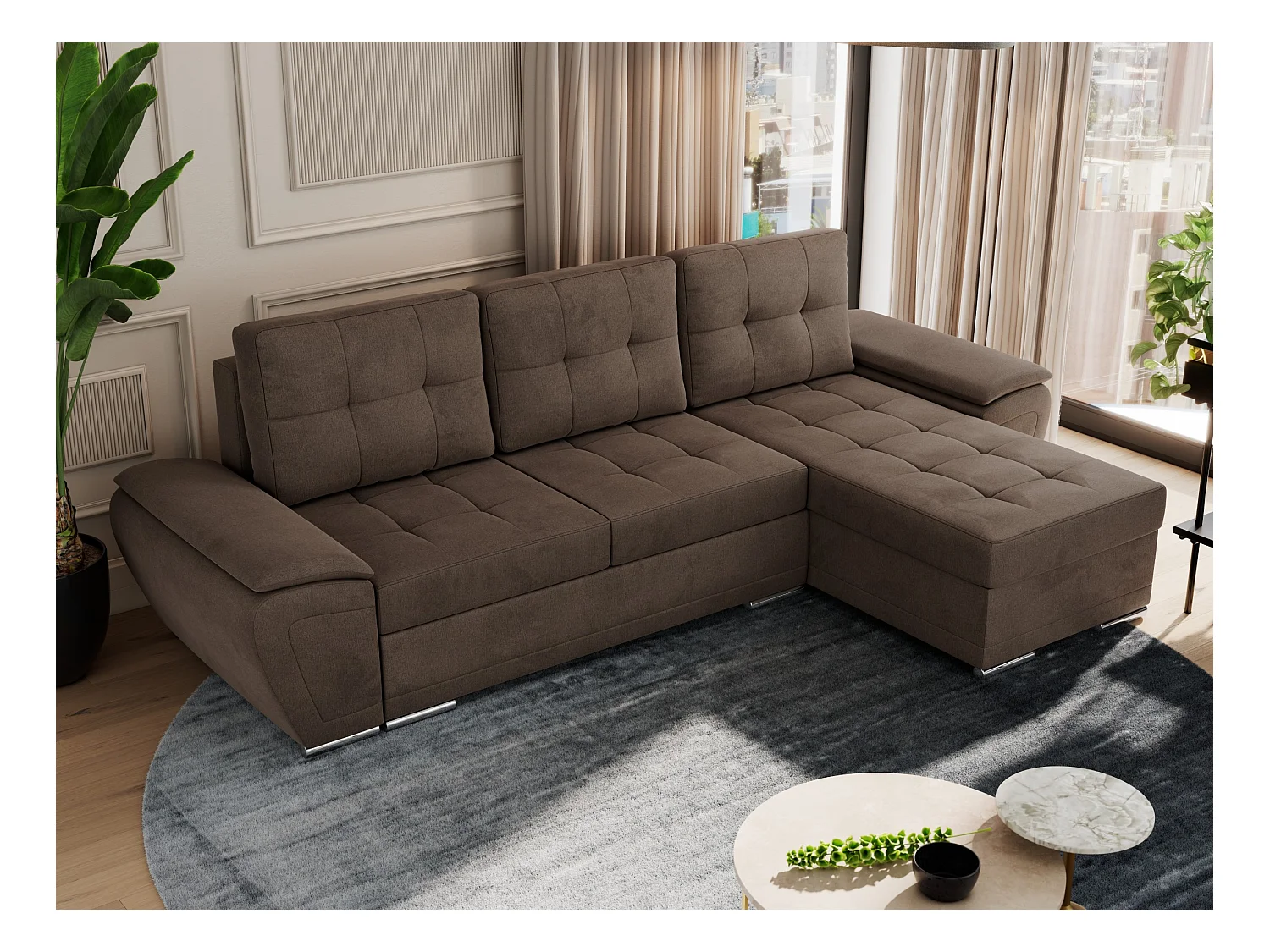 Ecksofa UMBRIA - universell L-form Couch, Schlaffunktion und Bettkasten, gesteppte Ecke - Braun Velvet