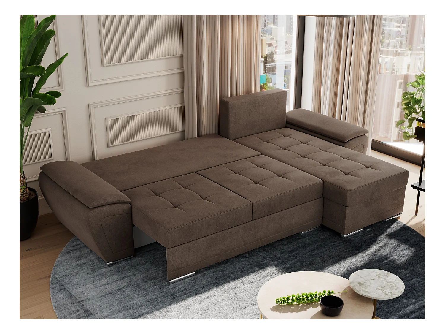 Ecksofa UMBRIA - universell L-form Couch, Schlaffunktion und Bettkasten, gesteppte Ecke - Braun Velvet