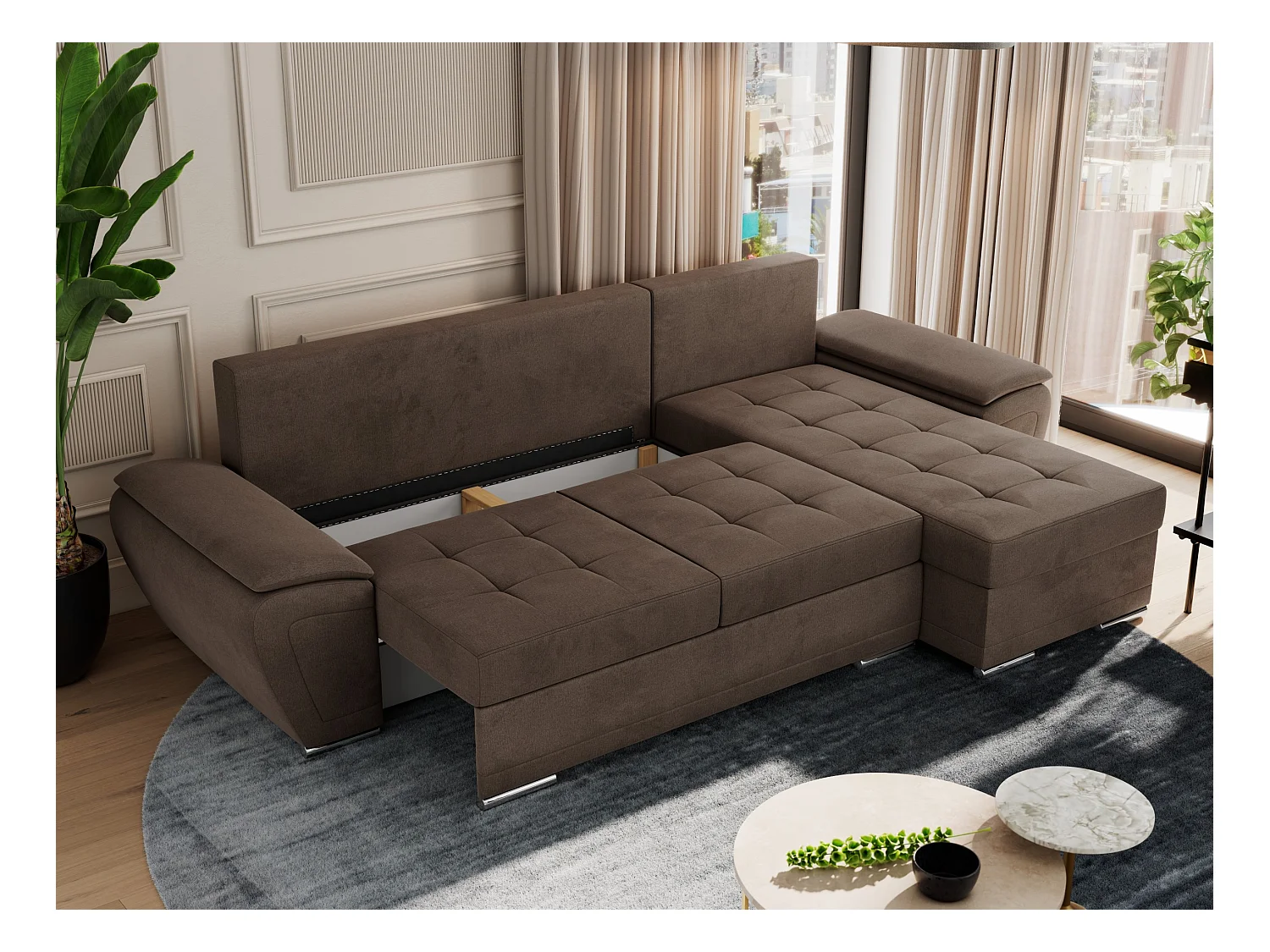 Ecksofa UMBRIA - universell L-form Couch, Schlaffunktion und Bettkasten, gesteppte Ecke - Braun Velvet