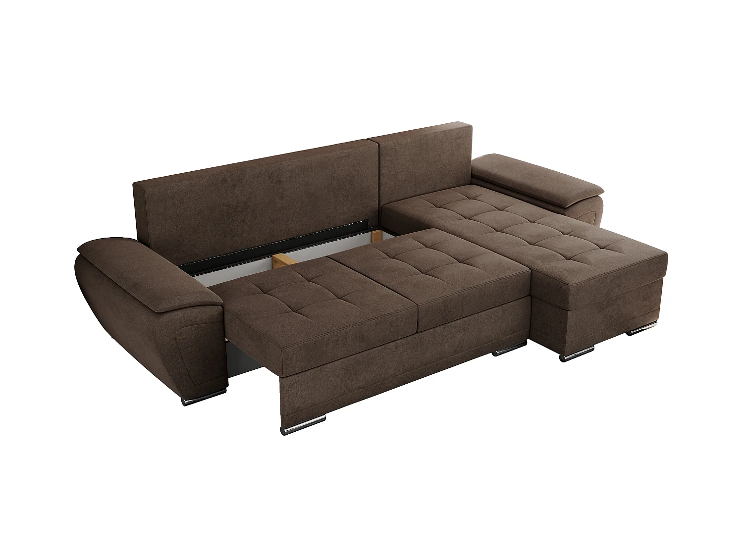 Ecksofa UMBRIA - universell L-form Couch, Schlaffunktion und Bettkasten, gesteppte Ecke - Braun Velvet