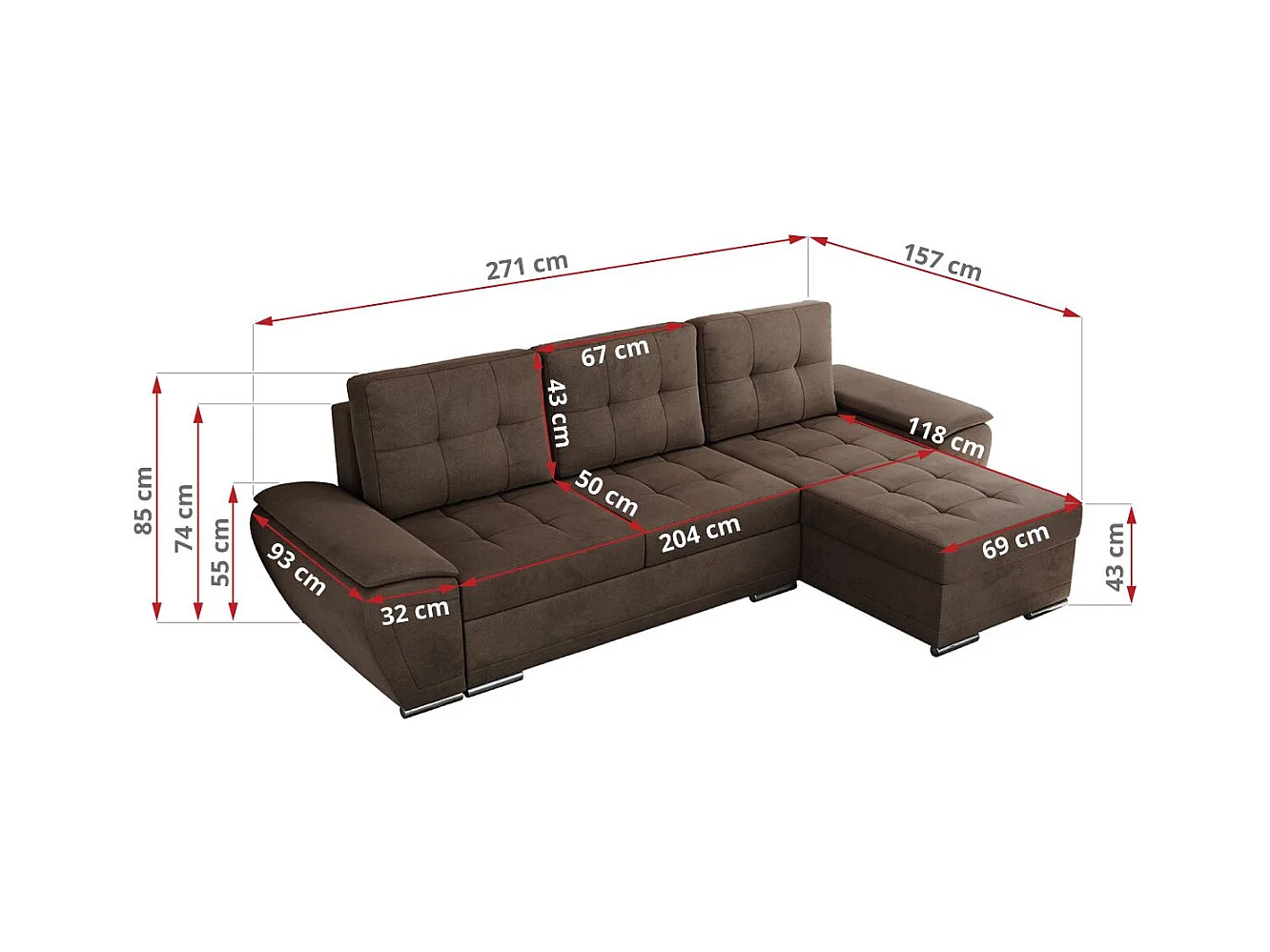 Ecksofa UMBRIA - universell L-form Couch, Schlaffunktion und Bettkasten, gesteppte Ecke - Braun Velvet