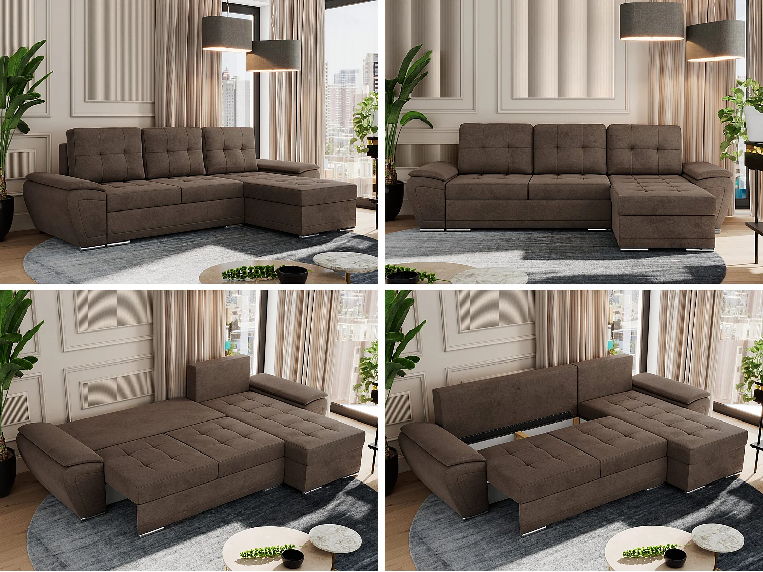 Ecksofa UMBRIA - universell L-form Couch, Schlaffunktion und Bettkasten, gesteppte Ecke - Braun Velvet