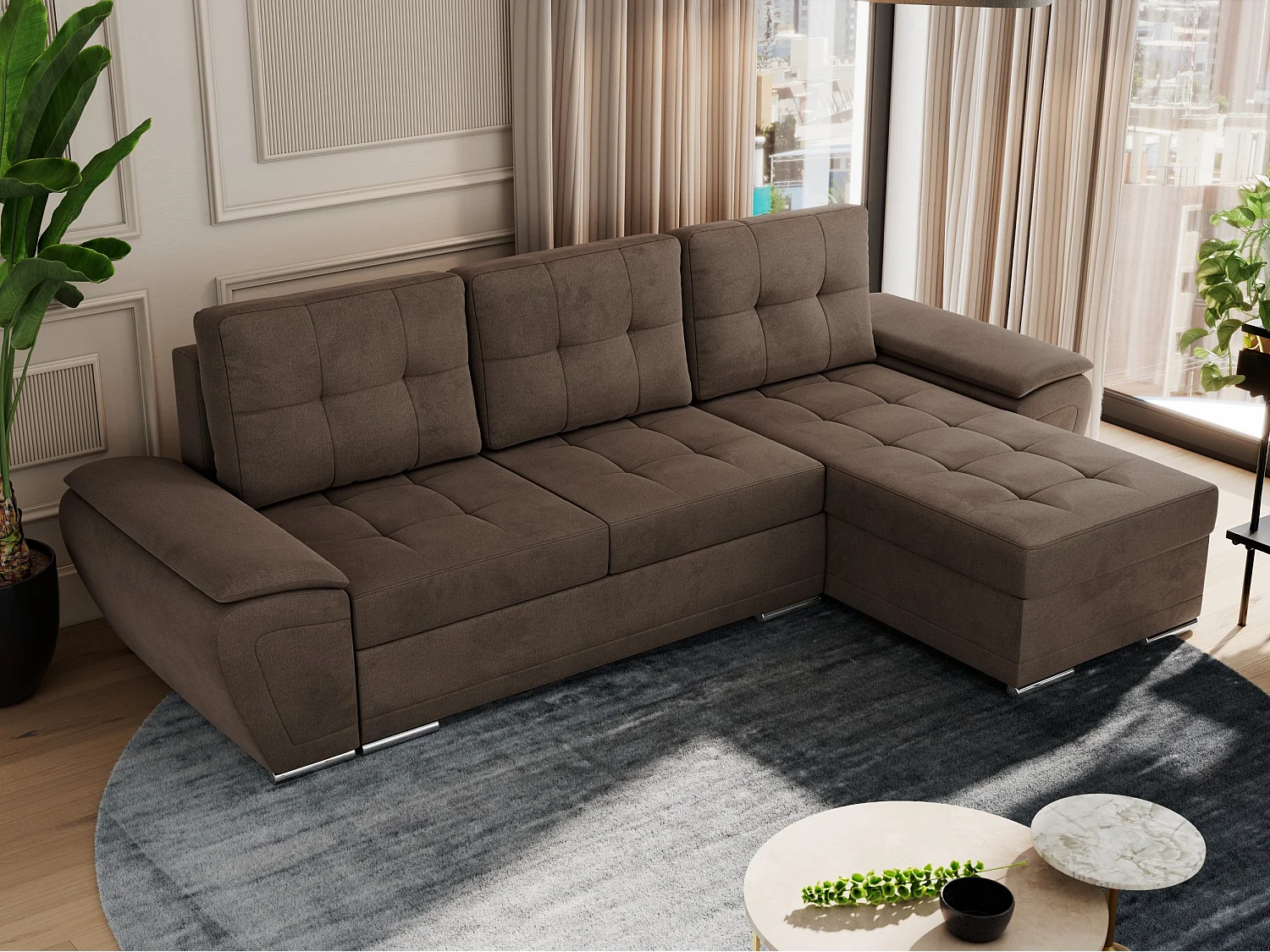 Ecksofa UMBRIA - universell L-form Couch, Schlaffunktion und Bettkasten, gesteppte Ecke - Braun Velvet