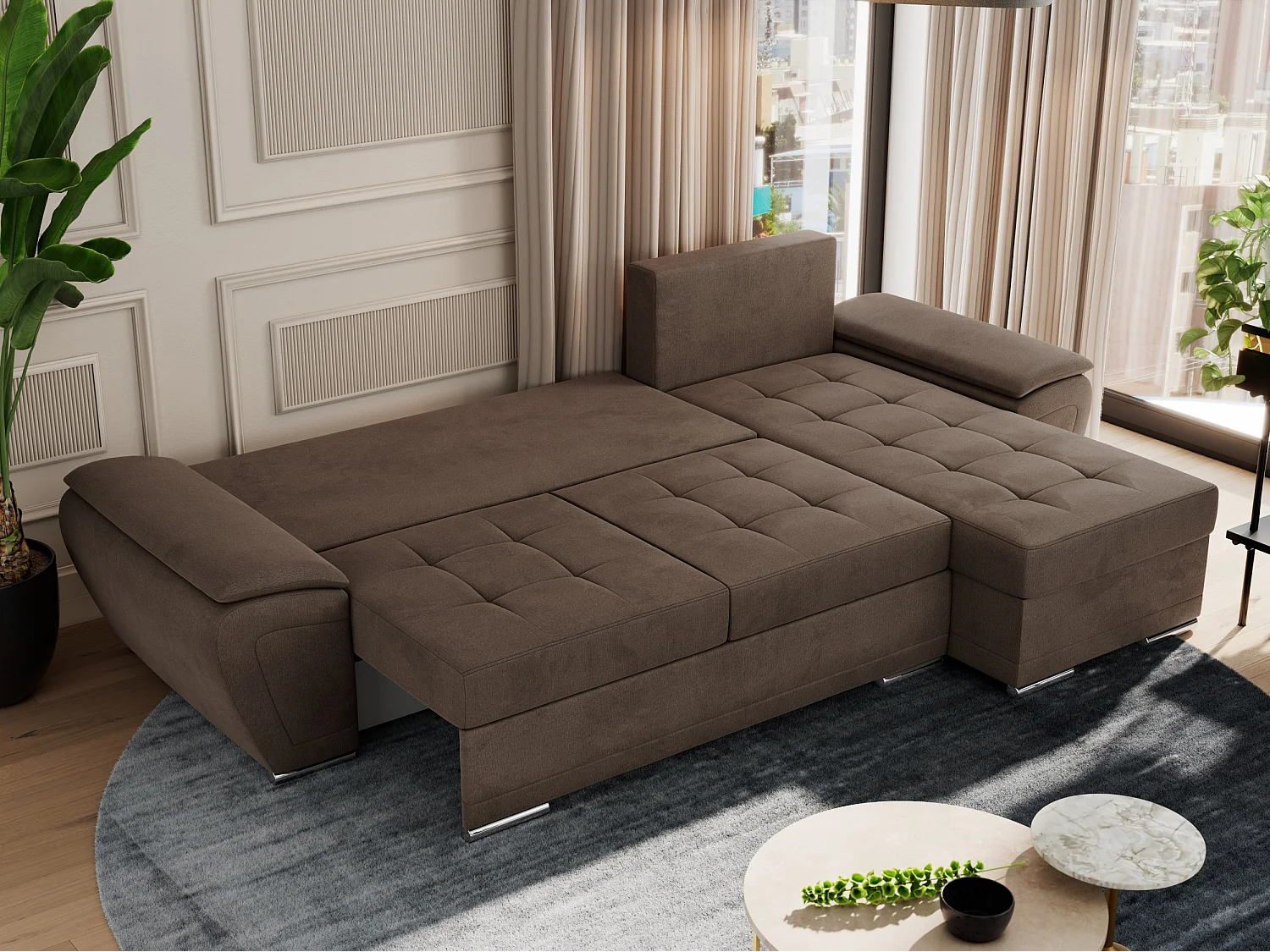 Ecksofa UMBRIA - universell L-form Couch, Schlaffunktion und Bettkasten, gesteppte Ecke - Braun Velvet